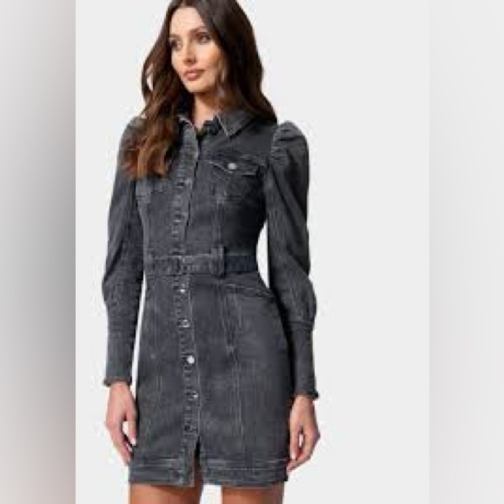 F21 Denim puff sleeve Grey Black denim jean mini dress long sleeve belted medium